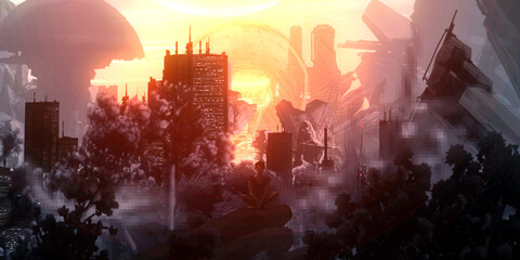 Fototapeta na wymiar Futuristic science fiction panorama. Digital art. Fantasy scenery.