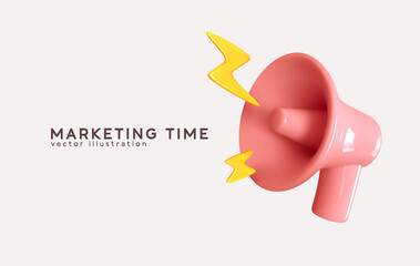 Marketing time concept, realistic 3d megaphone, loudspeaker with lightning. Vector illustration © lauritta