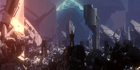 Futuristic science fiction panorama. Digital art. Fantasy scenery.