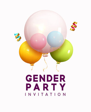 Gender party. Realistic helium balloons, large transparent inside, two small pink and blue colors. 3d gold confetti. Banner and poster, background with ballons on the ribbon. Vector illustration