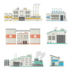 Factory Power Plant Station Industrial Buildings Flat Icon Vector Set Collection