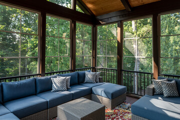 New modern screened porch with patio furniture, summertime woods in the background. - obrazy, fototapety, plakaty