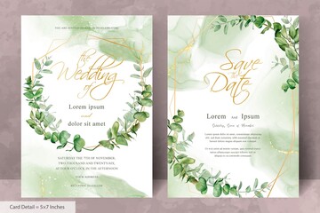 Greenery wedding invitation template with geometric and hand drawn eucalyptus