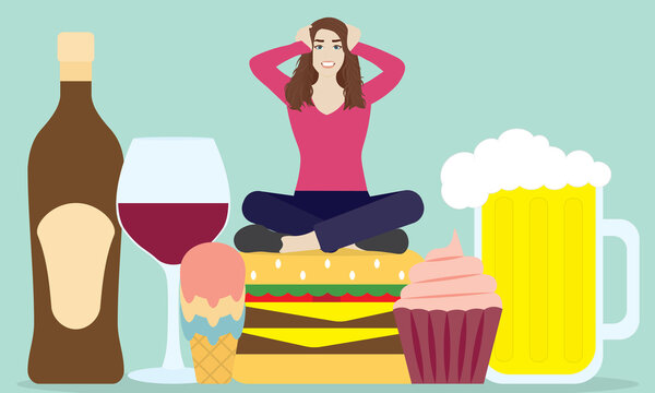 Stressed woman overeating and drinking too much alcohol