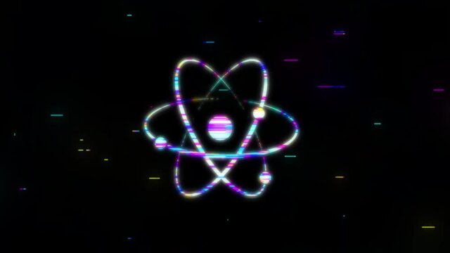 From the Glitch effect arises atom symbol. Motion graphics.