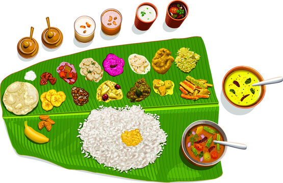Vector illustration of  Sadhya, south indian vegeterian meal arranged in traditional way.