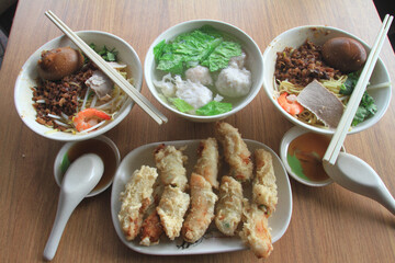 Shrimp rolls, fishball soup, mince and tea eggs in Tainan, Taiwan