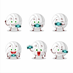 Photographer profession emoticon with white volleyball cartoon character