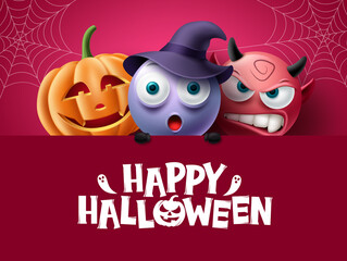 Halloween characters background design. Happy halloween text in red space with creepy, spooky and scary characters for horror party decoration. Vector illustration.
