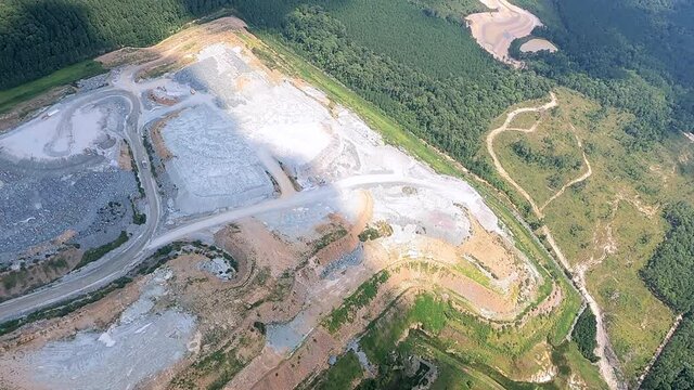 Bird eye view of gravel quarry and landscape in Pittsboro, North Carolina, USA