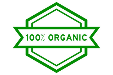 Vintage green color hexagon label banner with word 100 percent organic on white background