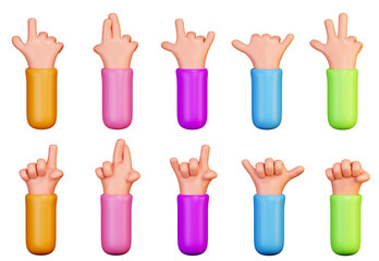 Set of cartoon hands with gestures. Hand gestures in a funny style, 3d rendering isolated on a white background. 3D hand gestures