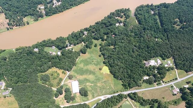Aerial shot of Haw River amidst landscape in Saxapahaw, North Carolina, USA