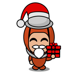 vector cartoon cute doodle pepper grinder mascot costume character wearing christmas hat and holding gifts