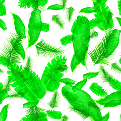 Organic Tropical Illustration. Green Seamless Design. White Pattern Design. Natural Drawing Hibiscus. Banana Leaf. Spring Leaf. Watercolor Leaf. Wallpaper Textile.