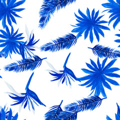 Azure Pattern Leaf. Blue Seamless Nature. Indigo Tropical Leaves. Navy Flower Textile. White Floral Background. Wallpaper Botanical. Decoration Palm.