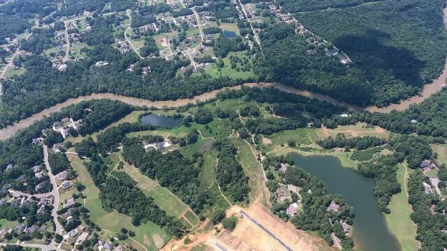 Aerial view of Haw River and green landscape, Swepsonville, North Carolina, USA