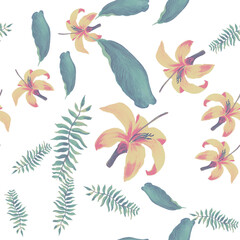 Natural Tropical Nature. Organic Seamless Botanical. White Pattern Texture. Yellow Floral Design. Green Wallpaper Nature. Flora Foliage. Decoration Painting.