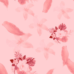 Fototapeta na wymiar Coral Seamless Background. Pink Pattern Botanical. White Tropical Hibiscus. Gray Flower Palm. Flora Leaf. Watercolor Vintage. Floral Painting. Summer Vintage.