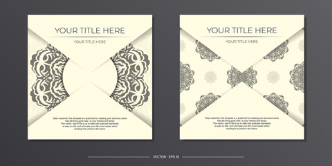 Vintage Light cream color postcard template with abstract ornament. Print-ready invitation design with mandala patterns.