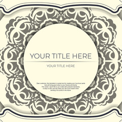 Vintage Light cream color postcard template with abstract patterns. Print-ready invitation design with mandala ornament.
