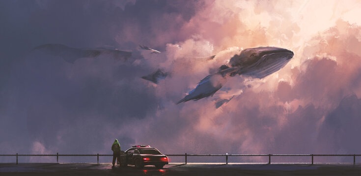 Whale passing through the clouds, 3D illustration.