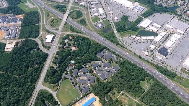 Aerial shot of Interstate 40 highway passing through city, Burlington, North Carolina, USA