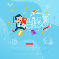 flat design, welcome Back to school with school elements with children's cartoon characters suitable for flyers, greeting cards, banners or social media posts