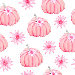 Hand drawn watercolor seamless pattern of fall autumn pastel soft pink pumpkins with grey leaves and flowers. Baby shower cards, invitation, Halloween design, Thanksgiving prints. Cute kawaii painting