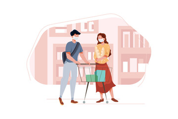 Couple wearing mask doing shopping in supermarket Illustration concept. Flat illustration isolated on white background.