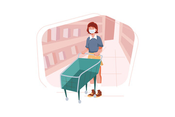 Woman wearing mask standing at grocery store Illustration concept. Flat illustration isolated on white background.