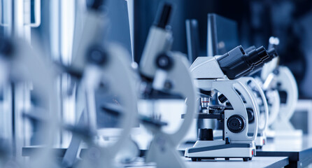 Close up shot of two eyes viewfinder scientific microscope in row of one eye microscopes line in blurred foreground on laboratory working table using for monitoring coronavirus covid 19 virus samples
