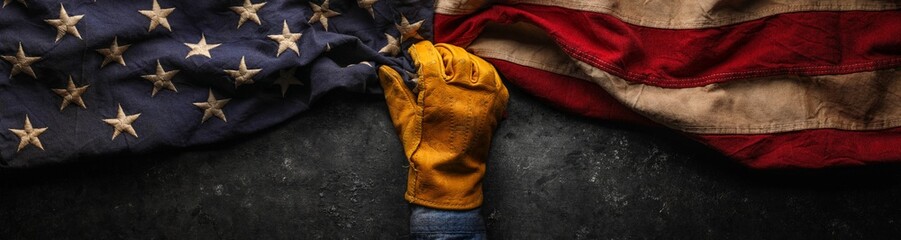 Worn work glove holding old US American flag. Made in USA, American workforce, blue collar worker,...