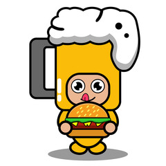 cute beer glass doodle costume mascot vector cartoon character eating burger
