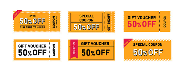 Vector gift voucher illustrations. Modern discount coupon. COUPON GIFT VOUCHER VECTOR YELLOW TICKET 50% - obrazy, fototapety, plakaty