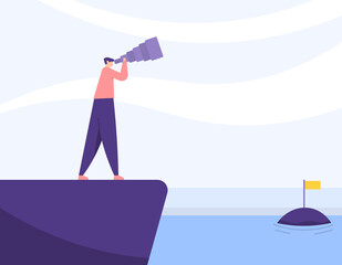 illustration of a worker or businessman standing on a cliff and using a telescope to see a business target. visionary concept, opportunities for success, vision and future plans. flat cartoon style