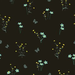 Wildflowers on yellow and soft blue tone seamless pattern for decorative,fabric,textile,print or wallpaper