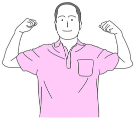 シャツを着た禿げた男性が、両腕を上げたポーズをするイラスト