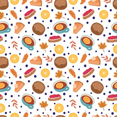 Autumn cozy seamless pattern with pumpkin pie,lemons,tea,berries and leaves. 
