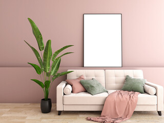 pink modern living room with sofa frame mockup scene