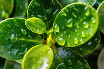 Macro closeup of water drops on a green leaf nature background.