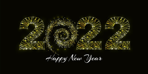 Happy new year 2022 greeting card. Low poly style design. Numbers from a polygonal wireframe mesh. Abstract vector illustration on dark background.