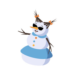 Cute Christmas snow woman with glasses and joyful emotions, smile face, happy eyes, arms and legs. New Year festive decoration with kind expression
