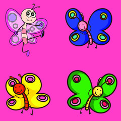 Butterfly with pink blue yellow and green colour collection vector icon set