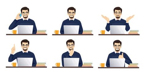 Handsome business man using laptop computer sitting at a desk isolated vector illustration