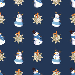 Seamless pattern with cute smiling snowmen and gingerbread cookies in the shape of a snowflake. Merry holiday print, New Year and Christmas decorations. Winter and festive background