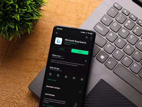 Assam, india - February 19, 2021 : Microsoft Bing logo on phone screen stock image.