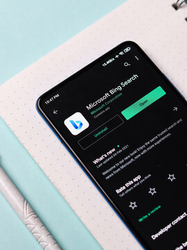 Assam, india - February 19, 2021 : Microsoft Bing logo on phone screen stock image.