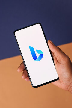 Assam, india - February 19, 2021 : Microsoft Bing logo on phone screen stock image.