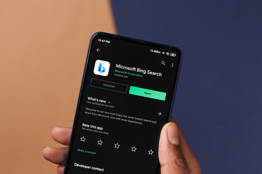 Assam, india - February 19, 2021 : Microsoft Bing logo on phone screen stock image.